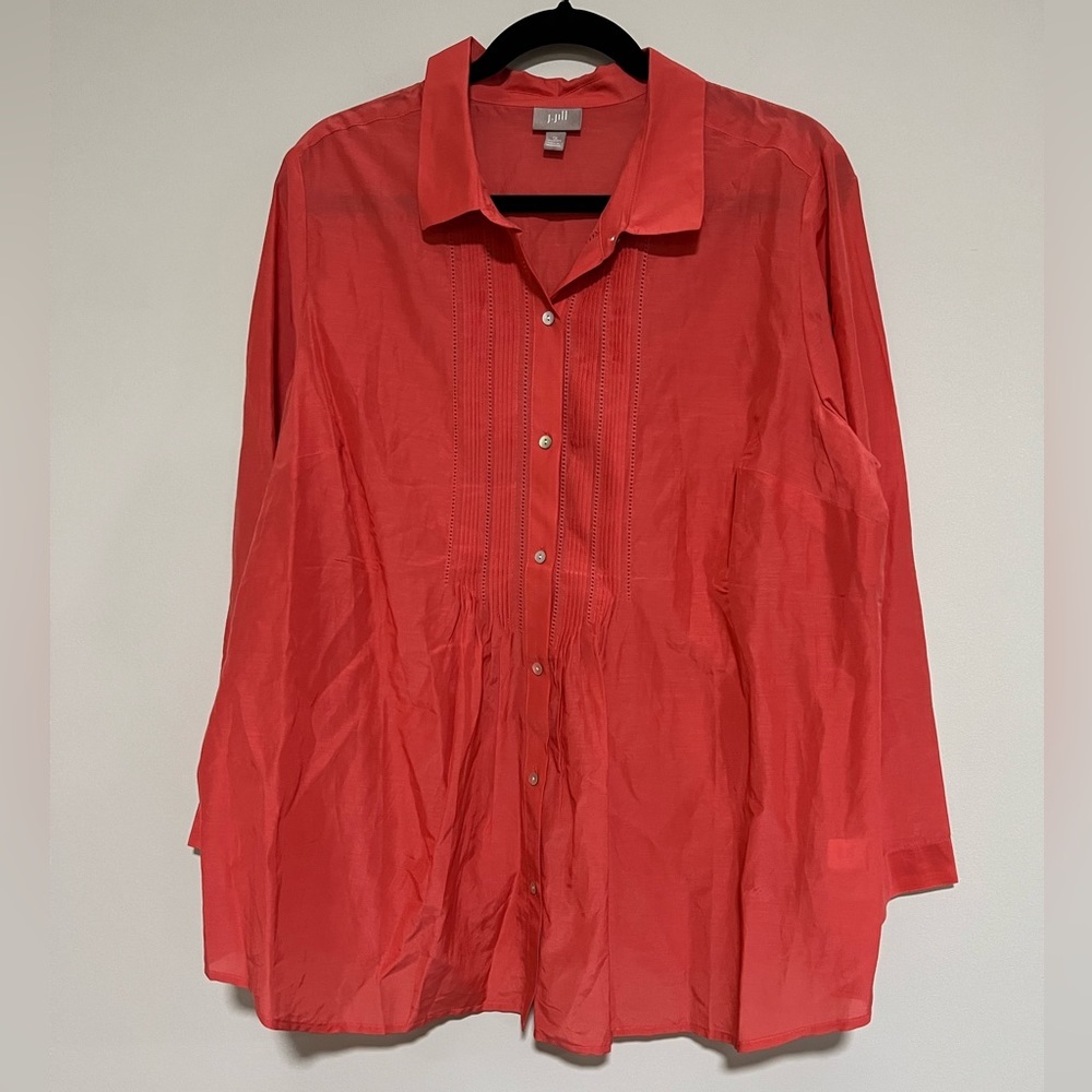 J. Jill Cotton/Silk Pintuck Semisheer Button Down Tunic Top Size 1X
